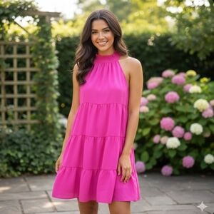 1.STATE ​Hot Pink Halter Neck Tiered Mini Dress - Smocked High Neck Ruffle Hem S